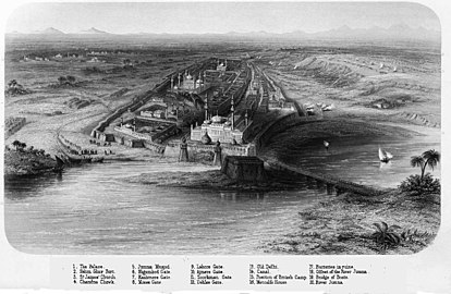 Himalaya Mountains at the horizon with peaks visible in air, Old Delhi before industrialization (1857). Description.