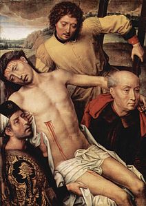 Hans Memling - Díptico de Granada, ala izquierda: Aceptación de la Cruz, h. 1475