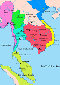 Map of mainland Southeast Asian polities c. 1000–1100 CE Cyan: Lavo Kingdom Red: Khmer Empire Green: Hariphunchai Kingdom Light green: Srivijaya Yellow: Champa Blue: Dai Viet Pink: Pagan Kingdom