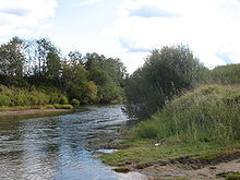 Photographie d'une rivière à travers un espace naturel avec des arbres et buissons.