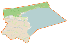 Mapa konturowa gminy Sztutowo, blisko górnej krawiędzi nieco na prawo znajduje się punkt z opisem „początek”, natomiast u góry nieco na prawo znajduje się punkt z opisem „koniec”