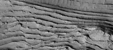 Faults in layers, as seen by HiRise under HiWish program Image is about 1 km across.