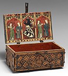 Gothic coffret (Minnekästchen); circa 1325–1350; oak, inlay, tempera, wrought-iron mounts; overall: 12.1 x 27.3 x 16.5 cm; Metropolitan Museum of Art (New York City)