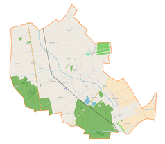 Mapa konturowa gminy Nowe Ostrowy, blisko dolnej krawiędzi nieco na prawo znajduje się punkt z opisem „Perna”