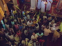 La congregación ortodoxa en la India recolecta hojas de palma para la procesión : hombres a la izquierda del santuario en la foto; mujeres recogiendo frondas a la derecha del santuario, foto exterior.