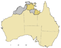 Primari divisiones typologic del linguas australian: (sud) linguas pama-nyungan in bronzage, e (nord) linguas non-pama-nyungan in mustardic e gris