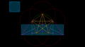 正円半径と同じ長さの辺の正方形を活用した内接正五角形（五芒星）の描き方の一例。赤色の円は描き上げ後の検証のためのもの。