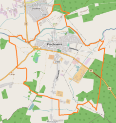 Mapa konturowa Prochowic, blisko centrum u góry znajduje się ikonka zamku z wieżą z opisem „Zamek w Prochowicach”