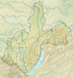 Mapa konturowa obwodu irkuckiego, blisko dolnej krawiędzi po lewej znajduje się punkt z opisem „źródło”, natomiast na dole nieco na lewo znajduje się punkt z opisem „ujście”