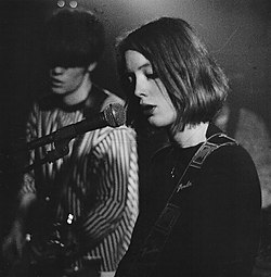 Neil Halstead and Rachel Goswell performing with Slowdive in Leicester, England, 1992
