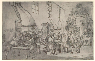 Stanislas Lesczinski, roi de Pologne, visitant les ateliers de Jean Lamour à Nancy, dessin de Jean-Baptiste Bénard (1755).