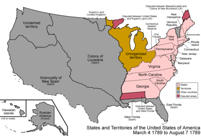Stater og territorier i USA i 1789. Den spansek kolonien Louisiana midt på kartet.