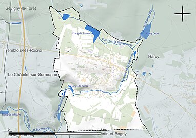 Carte en couleur présentant le réseau hydrographique de la commune