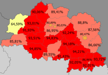 Bielorrusos en la provincia     >90%     85—90%     80–85%     <80% (64.59%)