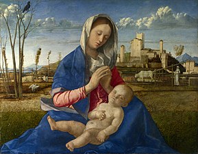 Image d'une peinture avec la Vierge assise dans ses habits bleu et rouge, les mains jointes et les yeux mi-clos, supporte l'Enfant nu, endormi la main droite sur le cœur, allongé sur ses genoux avec en arrière-plan un paysage avec des arbres, des figures humaines habillées de blanc, des animaux de ferme, un aigle noir perché sur les branches et un serpent brun foncé au sol menace un échassier blanc. Un château s'élève à droite sur un mont avec ses murailles et ses tours prolongé à droite par des bâtiments et un pont.