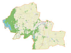 Mapa konturowa gminy Kurzętnik, blisko centrum na prawo znajduje się punkt z opisem „Kurzętnik”