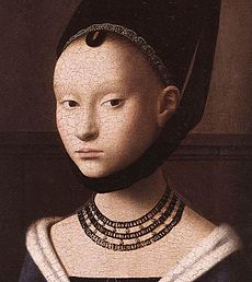 Petrus Christus, Retrat d'una noia jove de 1460, Staatliche Museen, Berlín. La similitud es pot veure en els trets esculpits i l'expressió de la model.[9]