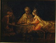 Ahasuerus and Haman at the Feast of Esther by Rembrandt