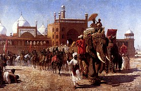 Shah Jahan y el ejército mogol regresan después de asistir a una reuniónión en Jama Masjid.