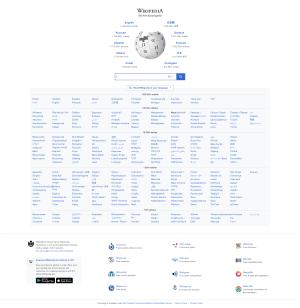 Wikipedia portal showing the different languages sorted by article count