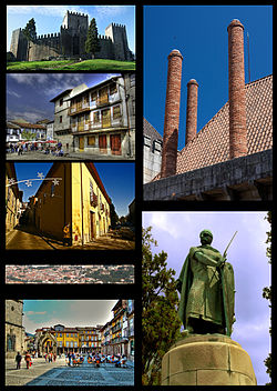 Clockwise from top left: Guimarães Castle, a chimney at the Duke of Braganza's Palace, statue of Dom Afonso Henriques at the Ducal Palace, Oliveira Plaza, panoramic view of Guimarães historical heritage area from Mount Penha, Santa Maria Street, Santiago Plaza