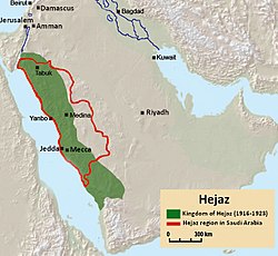 Zemljevid Hedžasa, ki prikazuje mesta Meka, Medina, Džida, Džanbu in Tabuk. Saudska regija je obrobljena z rdečo, Kraljevina iz leta 1923 pa z zeleno.