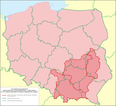 Zgodovinska Malopoljska (temno rožnato) na zemljevidu sedanje Poljske