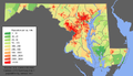 Image 4Maryland population distribution map; Maryland's population is concentrated mostly in the Washington–Baltimore combined statistical area. (from Maryland)