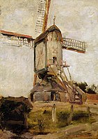 Post Mill at Heeswijk label QS:Len,"Post Mill at Heeswijk" label QS:Lpl,"Wiatrak w Heeswijk" label QS:Lnl,"Molen te Heeswijk" 1904. oil on paper mounted on canvas (?). 36.2 × 26 cm. 's-Hertogenbosch, Noordbrabants Museum.