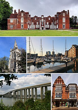 De cima para baixo: Christchurch Mansion, St Mary-le-Tower, Ipswich Waterfront, Orwell Bridge, Centro da cidade de Ipswich