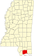 Harta statului Mississippi indicând comitatul Harrison