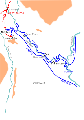 A map of northern Louisiana showing Banks's bold sweep towards Shreveport with a blue arrow.