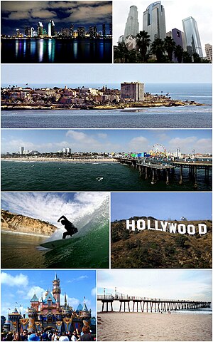 Southern California Gambar dari atas ke bawah, kiri ke kanan: San Diego Skyline, Downtown Los Angeles, Village of La Jolla, Santa Monica Pidfdddfer, Surfer at Black's Beach, Hollywood Sign, Disneyland, Hermosa Beach Pier