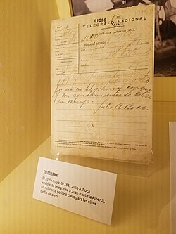 El 10 de mayo de 1881 Julio A. Roca envió este telegrama a Juan B. Alberdi quien se encontraba en Francia, el mismo lee: Su opinión tiene muchos títulos para ser respetada y leo por eso su telegrama con gusto y con agradecimiento. Lo saluda un amigo - Julio A. Roca