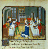 Manuscript illustration of Eris at the wedding of Peleus and Thetis from Jean Miélot's L'Epître d'Othéa c. 1460