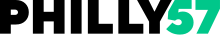 Black bold letters "PHILLY" next to, and with the Y overlapping, a green numeral 57.