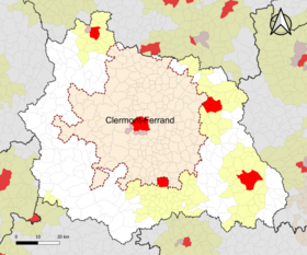 Localisation de l'aire d'attraction de Clermont-Ferrand dans le département du Puy-de-Dôme.