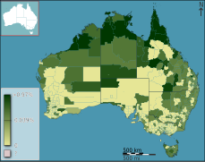 Porcentaxe de poboación mixta insular e aborixe en Australia segundo o censo de 2011.