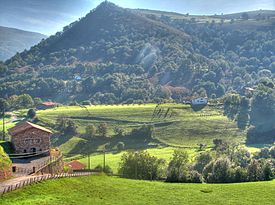 alt=Paisaje del País Vasco, en España. En el clima oceánico las lluvias son abundantes e indefinidas la mayor parte del año, aunque con temperaturas frescas todo el año.