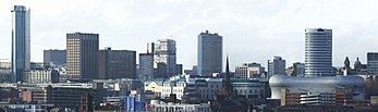 Birmingham's skyline with the Holloway Circus Tower, the Rotunda and the Selfridges Building visible.