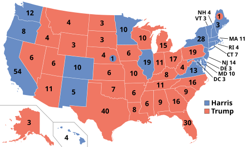 Results of Electoral College votes won by each state and the District of Columbia.[o] Note that these counts are tentative because the Electoral College has not yet convened.