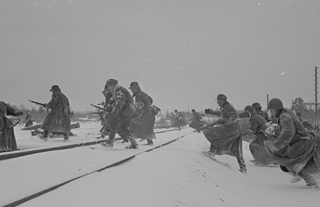 Soldiers of the Finnish 45th Infantry Regiment crossing the Murmansk Railway, October 1941.