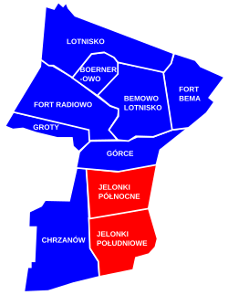 Location of Jelonki within the district of Bemowo, in accordance to the City Information System which divides the neighbourhood into two areas, Jelonki Północne and Jelonki Południowe.