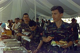 Turkish soldiers enjoy the American style, 4th of July, picnic with other members ofv the Stabilization Force (SFOR) at the Ilidza Compound. Over 1500 multi-national personnel participated in the festivities DF-SD-99-01364.jpg