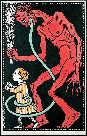 Krampus mit Kind; Postkarte Nummer 542 der Wiener Werkstätte, anonymer Künstler, um 1911, versteigert 2003 für 11.000 Euro