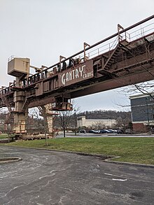 Portrait photo depicting front of a gantry crane, once part of Homestead Steel Works in Homestead, Pennsylvania.