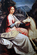 La dama y el unicornio, óleo de Luca Longhi, siglo XVI