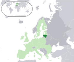 Ibùdó ilẹ̀  Lituéníà  (dark green) – on the European continent  (light green & dark grey) – in the European Union  (light green)  —  [Legend]