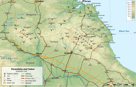 Map of Strandzha and Sakar mountains in Bulgaria