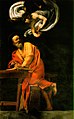 L'inspiration de saint Matthieu, Le Caravage, Rome 1602. Matthieu écrit l'évangile sous la dictée d'un ange placé dans un drapé qui a la forme d'un cerveau.
